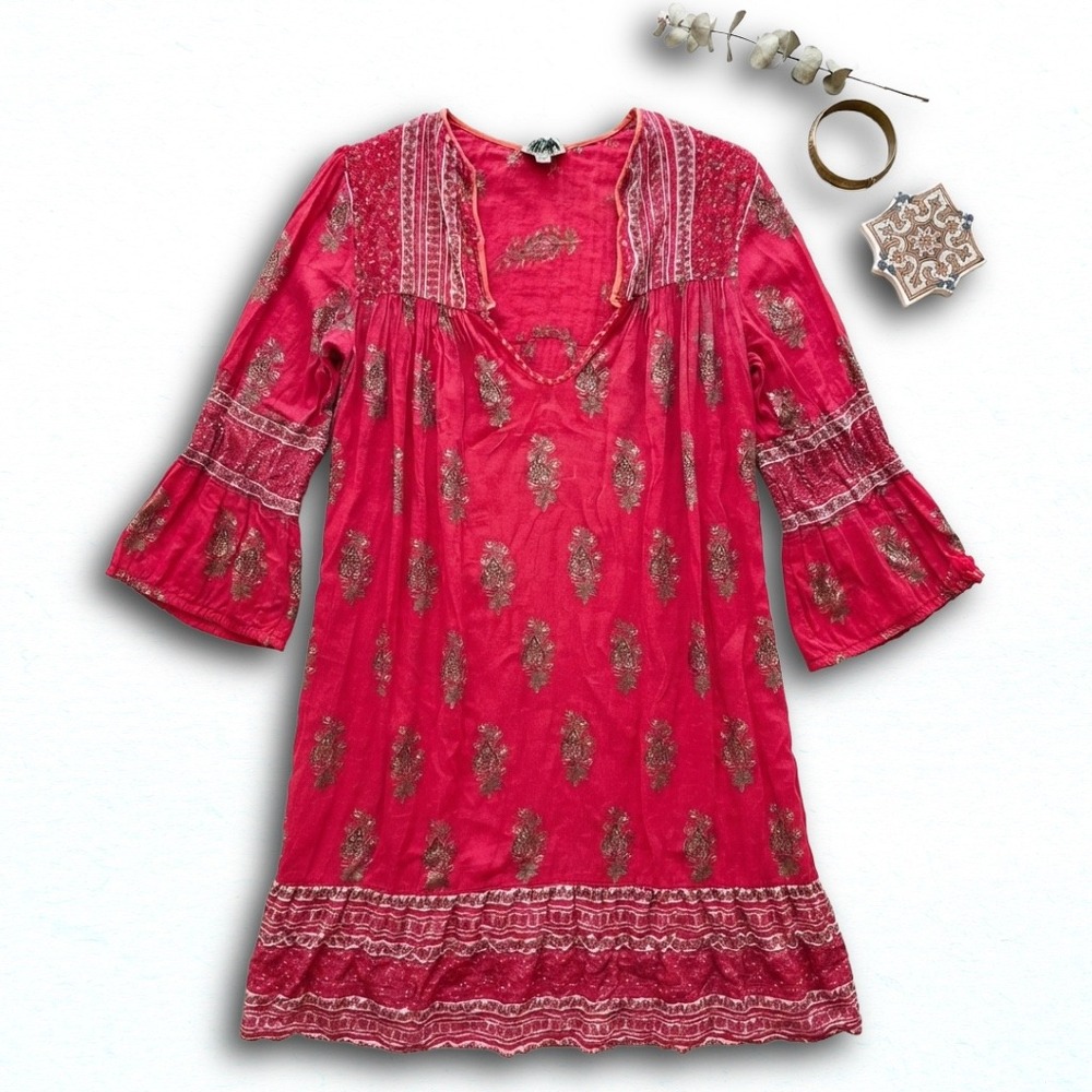 Vintage Style Pink Cotton Gauze Boho Tunic Dress Bell Sleeve Block Print Small
